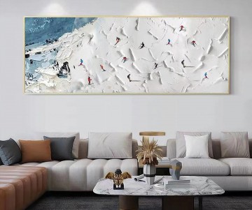 雪の山のスキーヤー スカイ スポーツ ホワイト パレット ナイフ ウォール アート ミニマリズム Oil Paintings
